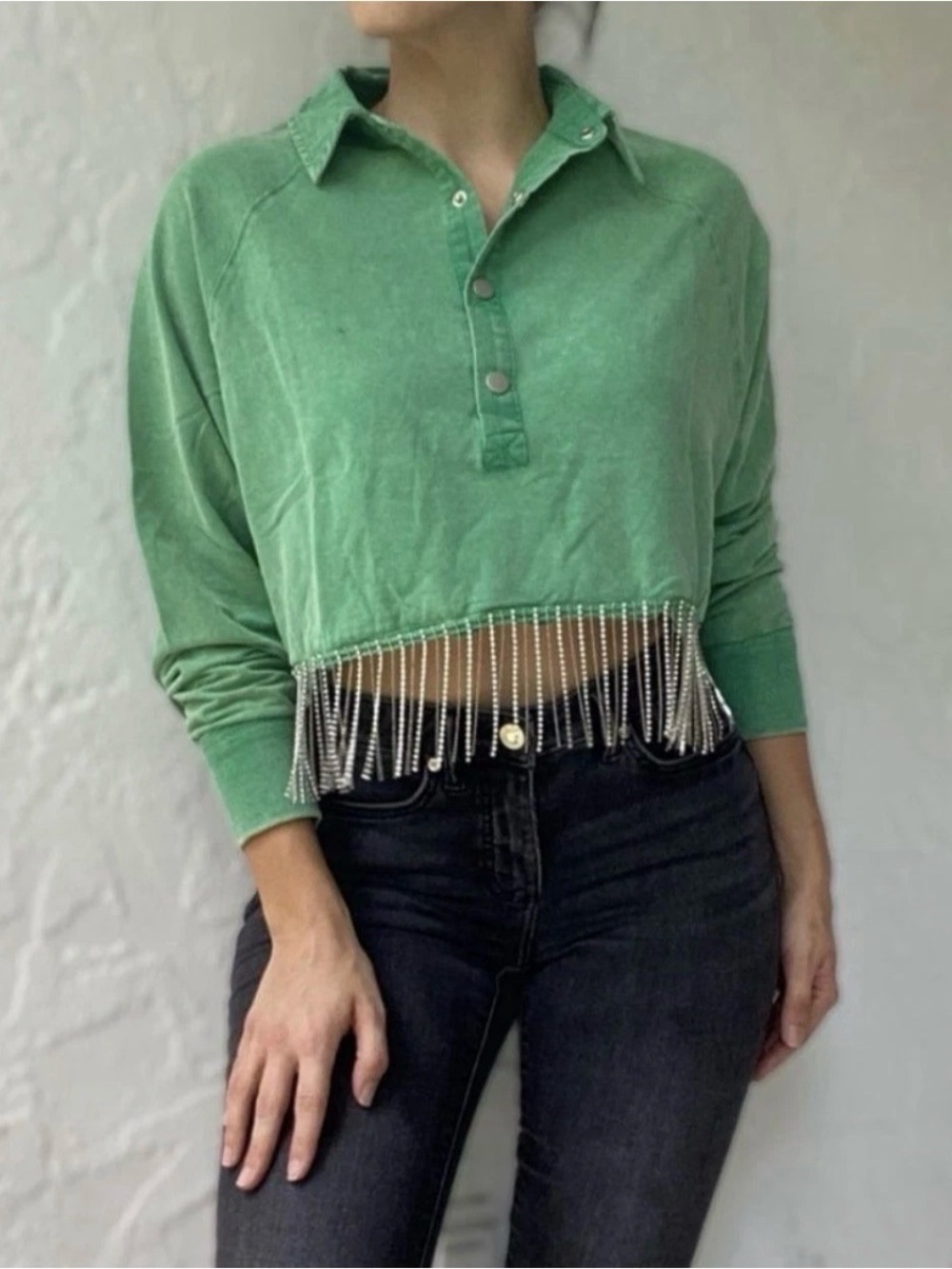 Blue Velvet Mint Green Beaded Hem Long Sleeve Top Size M New with Tags